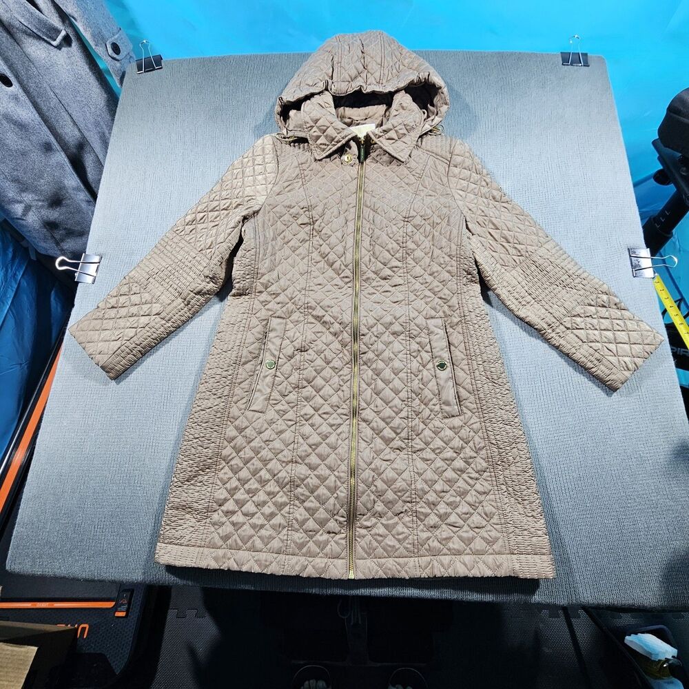 Michael Kors Hooded Quilted Full Zip Beige Long Coat Women Regular M